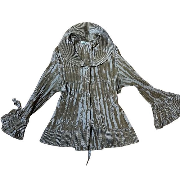 Agora Champagne Pleated Dressy Blouse With Rhinestone Buttons Dramatic! XL - Picture 3 of 8